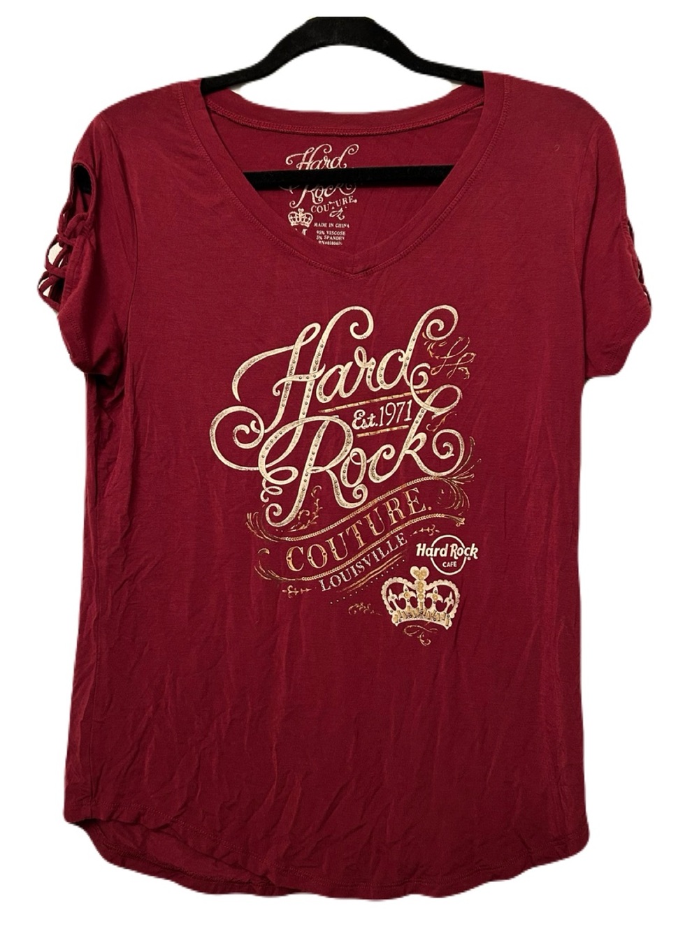 HARD ROCK CAFE Louisville Burgandy Red Graphic Tee Sz M Lattice Sleeve Y2K Rock - Picture 14 of 16